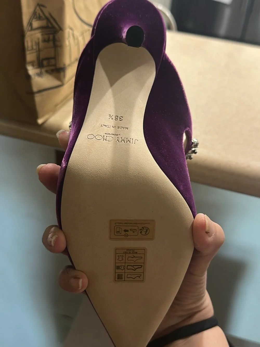 Jimmy Choo Purple Velvet Crystal-Strap Stiletto Mules
